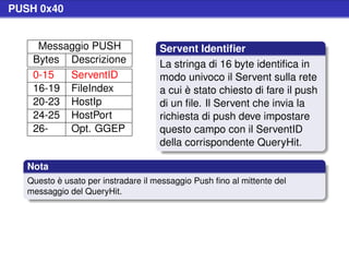 PUSH 0x40


     Messaggio PUSH                  Servent Identiﬁer
    Bytes Descrizione                La stringa di 16 byte identiﬁca in
    0-15  ServentID                  modo univoco il Servent sulla rete
    16-19 FileIndex                  a cui è stato chiesto di fare il push
    20-23 HostIp                     di un ﬁle. Il Servent che invia la
    24-25 HostPort                   richiesta di push deve impostare
    26-   Opt. GGEP                  questo campo con il ServentID
                                     della corrispondente QueryHit.

   Nota
   Questo è usato per instradare il messaggio Push ﬁno al mittente del
   messaggio del QueryHit.
 