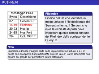PUSH 0x40


     Messaggio PUSH                 FileIndex
    Bytes Descrizione               L’indice del ﬁle che identiﬁca in
    0-15  ServentID                 modo univoco il ﬁle desiderato dal
    16-19 FileIndex                 Servent mittente. Il Servent che
    20-23 HostIp                    invia la richiesta di push deve
    24-25 HostPort                  impostare questo campo con uno
    26-   Opt. GGEP                 dei FileIndex della corrispondente
                                    QueryHit.

   Nota
   Impostato a 2 nella maggior parte delle implementazioni attuali, e a 4 in
   quelle con il supporto di metadati XML esterno GGEP. L’area OpenData può
   essere più grande per permettere future estensioni.
 