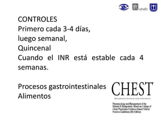 CONTROLES
Primero cada 3-4 días,
luego semanal,
Quincenal
Cuando el INR está estable cada 4
semanas.
Procesos gastrointestinales
Alimentos
 
