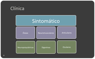 Clínica
Sintomático
Óseas
Neuropsiquiátricas
Neuromusculares
Digestivas
Articulares
Oculares
9
 