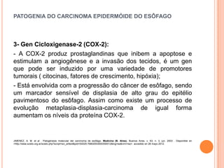 PATOGENIA DO CARCINOMA EPIDERMÓIDE DO ESÔFAGO




3- Gen Cicloxigenase-2 (COX-2):
- A COX-2 produz prostaglandinas que inibem a apoptose e
estimulam a angiogênese e a invasão dos tecidos, é um gen
que pode ser induzido por uma variedade de promotores
tumorais ( citocinas, fatores de crescimento, hipóxia);
- Está envolvida com a progressão do câncer de esôfago, sendo
um marcador sensível de displasia de alto grau do epitélio
pavimentoso do esôfago. Assim como existe um processo de
evolução metaplasia-displasia-carcinoma de igual forma
aumentam os níveis da proteína COX-2.


JIMENEZ, A. M. et al . Patogénesis molecular del carcinoma de esófago. Medicina (B. Aires), Buenos Aires, v. 63, n. 3, jun. 2003 . Disponible en
<http://www.scielo.org.ar/scielo.php?script=sci_arttext&pid=S0025-76802003000300012&lng=es&nrm=iso>. accedido en 28 mayo 2012.
 