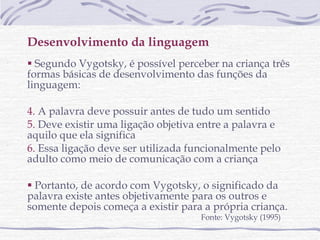 Desenvolvimento da linguagem Segundo Vygotsky, é possível perceber na criança três formas básicas de desenvolvimento das funções da linguagem: A palavra deve possuir antes de tudo um sentido Deve existir uma ligação objetiva entre a palavra e aquilo que ela significa Essa ligação deve ser utilizada funcionalmente pelo adulto como meio de comunicação com a criança Portanto, de acordo com Vygotsky, o significado da palavra existe antes objetivamente para os outros e somente depois começa a existir para a própria criança. Fonte: Vygotsky (1995) 