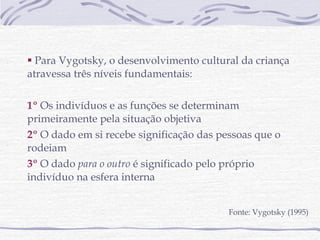 Para Vygotsky, o desenvolvimento cultural da criança atravessa três níveis fundamentais: 1º  Os indivíduos e as funções se determinam primeiramente pela situação objetiva  2º  O dado em si recebe significação das pessoas que o rodeiam  3º  O dado  para o outro  é significado pelo próprio indivíduo na esfera interna Fonte: Vygotsky (1995) 