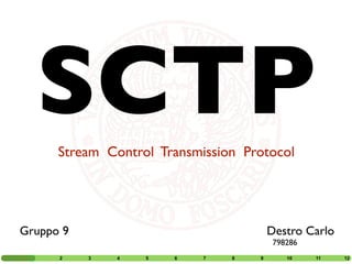 SCTP
      Stream Control Transmission Protocol




Gruppo 9                                Destro Carlo
                                         798286
 1    2    3   4   5   6    7   8   9       10    11   12
 