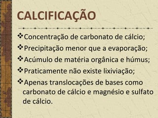 CALCIFICAÇÃO
Concentração de carbonato de cálcio;
Precipitação menor que a evaporação;
Acúmulo de matéria orgânica e húmus;
Praticamente não existe lixiviação;
Apenas translocações de bases como
carbonato de cálcio e magnésio e sulfato
de cálcio.
 