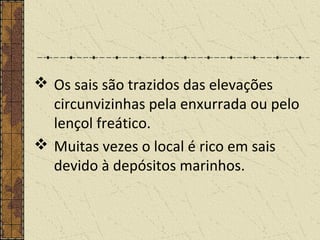  Os sais são trazidos das elevações
circunvizinhas pela enxurrada ou pelo
lençol freático.
 Muitas vezes o local é rico em sais
devido à depósitos marinhos.
 