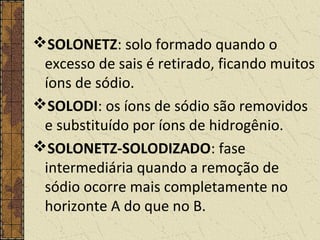 SOLONETZ: solo formado quando o
excesso de sais é retirado, ficando muitos
íons de sódio.
SOLODI: os íons de sódio são removidos
e substituído por íons de hidrogênio.
SOLONETZ-SOLODIZADO: fase
intermediária quando a remoção de
sódio ocorre mais completamente no
horizonte A do que no B.
 