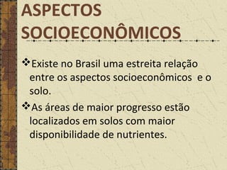 ASPECTOS
SOCIOECONÔMICOS
Existe no Brasil uma estreita relação
entre os aspectos socioeconômicos e o
solo.
As áreas de maior progresso estão
localizados em solos com maior
disponibilidade de nutrientes.
 