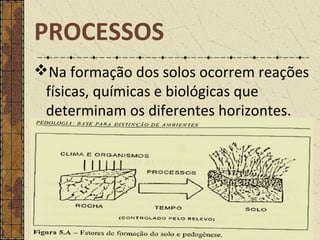 Na formação dos solos ocorrem reações
físicas, químicas e biológicas que
determinam os diferentes horizontes.
PROCESSOS
 