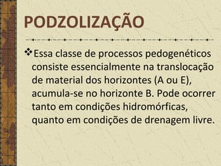 PODZOLIZAÇÃO
Essa classe de processos pedogenéticos
consiste essencialmente na translocação
de material dos horizontes (A ou E),
acumula-se no horizonte B. Pode ocorrer
tanto em condições hidromórficas,
quanto em condições de drenagem livre.
 