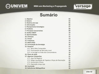 Sumário 1. Objetivo 03 2. Roteiro 04 3. Histórico da Loja 05 4. Informações 06 5. Planejamento Estratégico 07 6. Produtos 08 7. Principais Concorrentes 09 8. Análise SWOT 10 9. Oportunidades 11 10. Ameaças 12 11. Forças 13 12. Fraquezas 14 13. Matriz BCG 15 14. Formulação da Estratégia 16 15. Pesquisa 17 15.1. Bens Mais Comprados 17 15.2. Participação de Mercado Local 18 15.3. A Versage na Visão dos Consumidores 19 16. Plano de Ação 20 17. Algumas Campanhas 21 17.1. Aqui Dá Negócio 21 17.2. Mega Liquidação de Tapetes e Peças de Decoração 22 17.3. Aniversário 9 Anos 23 17.4. Operação Limpa Loja 24 18. Conclusão 25 19. Referências Bibliográficas 26 slide 02  
