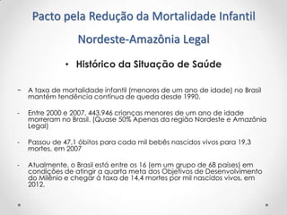 Pacto pela Redução da Mortalidade Infantil
Nordeste-Amazônia Legal
• Histórico da Situação de Saúde
− A taxa de mortalidade infantil (menores de um ano de idade) no Brasil
mantém tendência contínua de queda desde 1990.
-

Entre 2000 e 2007, 443.946 crianças menores de um ano de idade
morreram no Brasil. (Quase 50% Apenas da região Nordeste e Amazônia
Legal)

-

Passou de 47,1 óbitos para cada mil bebês nascidos vivos para 19,3
mortes, em 2007

-

Atualmente, o Brasil está entre os 16 (em um grupo de 68 países) em
condições de atingir a quarta meta dos Objetivos de Desenvolvimento
do Milênio e chegar à taxa de 14,4 mortes por mil nascidos vivos, em
2012.

 