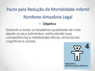 Pacto pela Redução da Mortalidade Infantil
Nordeste-Amazônia Legal
• Objetivo
Garantir a todos os brasileiros qualidade de vida
desde os seus primórdios, estimulando suas
competências e habilidades físicas, emocionais,
cognitivas e sociais.

 