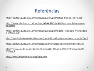 Referências
http://portal.saude.gov.br/portal/arquivos/pdf/artigo_franca_novo.pdf

http://www.ebah.com.br/content/ABAAABOJwAL/historico-aleitamentomaterno
http://portal.saude.gov.br/portal/arquivos/pdf/pacto_reducao_mortalidad
e_infantil.pdf
http://medsv1.einstein.br/diretrizes/pediatria/Alimentacao-no-Lactente2.pdf
http://portal.saude.gov.br/portal/saude/visualizar_texto.cfm?idtxt=37381
http://www.saude.pi.gov.br/pactuacao2013/pacto2013/instrutivo-pacto2013.pdf

http://www.leitematerno.org/oms.htm

 