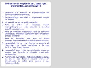 Avaliação dos Programas de Capacitação
        implementados de 2005 a 2010


 Temáticas que atendam as especificidades dos
  cursos/Unidades Acadêmicas;
 Descentralização das ações do programa do campus
  de Alfenas;
 carga horária a ser cumprida muito alta;
 falta     de    ênfase   em    atividades    visando
  interagir/integrar o corpo docente e introduzir
  questões educacionais;
 falta de temáticas relacionadas com os conteúdos
  vinculados a problemas vivenciados pelos professores
  em seu cotidiano;
 falta de atividades com foco na prática
  docente, temas abordados demasiadamente teóricos;
 necessidade de se criar tempos e espaços de
  discussões das bases conceituais e de suas
  implicações sobre as práticas;
 necessidade de se revisar as metodologias e recursos
  usados para fomentar a interação virtual entre
  participantes.
 Aumento da diversidade e heterogeneidade do campo
  de atuação dos docentes deveria implicar em
  diversificação da ações para atender a este
  heterogeneidade.
 