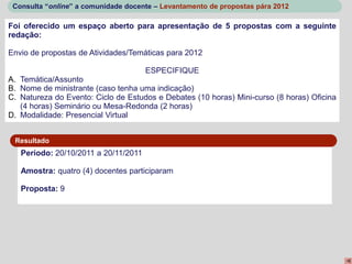 Consulta “online” a comunidade docente – Levantamento de propostas pára 2012

Foi oferecido um espaço aberto para apresentação de 5 propostas com a seguinte
redação:

Envio de propostas de Atividades/Temáticas para 2012

                                      ESPECIFIQUE
A. Temática/Assunto
B. Nome de ministrante (caso tenha uma indicação)
C. Natureza do Evento: Ciclo de Estudos e Debates (10 horas) Mini-curso (8 horas) Oficina
   (4 horas) Seminário ou Mesa-Redonda (2 horas)
D. Modalidade: Presencial Virtual


 Resultado
   Período: 20/10/2011 a 20/11/2011

   Amostra: quatro (4) docentes participaram

   Proposta: 9
 