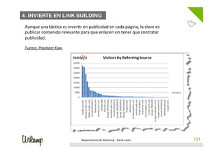 4. INVIERTE EN LINK BUILDING

 Aunque	
  una	
  tác/ca	
  es	
  inver/r	
  en	
  publicidad	
  en	
  cada	
  página,	
  la	
  clave	
  es	
  
 publicar	
  contenido	
  relevante	
  para	
  que	
  enlacen	
  sin	
  tener	
  que	
  contratar	
  
 publicidad.	
  	
  
 	
  
 Fuente:	
  Prashant	
  Kaw	
  




                                              Departamento de Marketing - Social Learn                             101
                                                                                                                  101
 