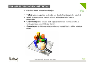 VARIABLES DE CONTROL (MÉTRICA)
           Si	
  no	
  puedes	
  medir,	
  perdemos	
  el	
  /empo!	
  
           	
  
           •  Tráﬁco	
  (volumen,	
  países,	
  contenido,	
  con	
  Google	
  Analy/cs	
  y	
  redes	
  sociales)	
  
           •  Leads	
  (qué	
  programas,	
  fuentes,	
  ofertas,	
  están	
  generando	
  clientes	
  
                  potenciales)	
  
           •  Conversión	
  (tráﬁco	
  a	
  leads,	
  leads	
  a	
  posibles	
  clientes,	
  posibles	
  clientes	
  a	
  
                  ventas,	
  coste	
  de	
  adquisición	
  del	
  cliente)	
  
           •  Competencia	
  (tráﬁco	
  que	
  generan,	
  alcance,	
  inbound	
  links,	
  ranking	
  palabras	
  
                  clave)	
  




                               Departamento de Marketing - Social Learn                                                 123
                                                                                                                       123
 