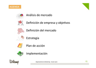 AGENDA


         Análisis	
  de	
  mercado	
  
         	
  
         Deﬁnición	
  de	
  empresa	
  y	
  obje/vos	
  
         	
  
         Deﬁnición	
  del	
  mercado	
  
         	
  
         Estrategia	
  
         	
  
         Plan	
  de	
  acción	
  
         	
  
         Implementación	
  
         	
  
         	
        Departamento de Marketing - Social Learn    15
                                                              15
         	
  
 