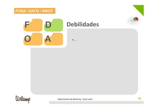 FODA / DAFO / SWOT



    F         D                Debilidades	
  

    O         A                      • …	
  




                     Departamento de Marketing - Social Learn    18
                                                                18
 