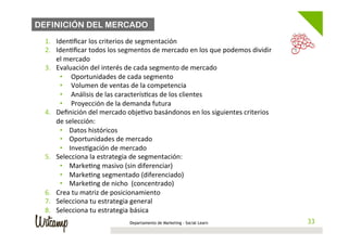 DEFINICIÓN DEL MERCADO
  1.  Iden/ﬁcar	
  los	
  criterios	
  de	
  segmentación	
  
  2.  Iden/ﬁcar	
  todos	
  los	
  segmentos	
  de	
  mercado	
  en	
  los	
  que	
  podemos	
  dividir	
  
      el	
  mercado	
  
  3.  Evaluación	
  del	
  interés	
  de	
  cada	
  segmento	
  de	
  mercado	
  
       •  Oportunidades	
  de	
  cada	
  segmento	
  
       •  Volumen	
  de	
  ventas	
  de	
  la	
  competencia	
  
       •  Análisis	
  de	
  las	
  caracterís/cas	
  de	
  los	
  clientes	
  
       •  Proyección	
  de	
  la	
  demanda	
  futura	
  
  4.  Deﬁnición	
  del	
  mercado	
  obje/vo	
  basándonos	
  en	
  los	
  siguientes	
  criterios	
  
      de	
  selección:	
  	
  
       •  Datos	
  históricos	
  
       •  Oportunidades	
  de	
  mercado	
  
       •  Inves/gación	
  de	
  mercado	
  
  5.  Selecciona	
  la	
  estrategia	
  de	
  segmentación:	
  
       •  Marke/ng	
  masivo	
  (sin	
  diferenciar)	
  
       •  Marke/ng	
  segmentado	
  (diferenciado)	
  
       •  Marke/ng	
  de	
  nicho	
  	
  (concentrado)	
  
  6.  Crea	
  tu	
  matriz	
  de	
  posicionamiento	
  
  7.  Selecciona	
  tu	
  estrategia	
  general	
  
  8.  Selecciona	
  tu	
  estrategia	
  básica	
  
                                         Departamento de Marketing - Social Learn                              33
                                                                                                              33
  	
  
 