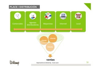 PLACE / DISTRIBUCIÓN




                      Agentes	
  
 Comerciales	
                               Mayoristas	
                   Internet	
     Local	
  
                   distribuidores	
  




                                                         cliente
                                         cliente


                                                    Cliente




                                                  ventas
                                 Departamento de Marketing - Social Learn                               51
                                                                                                       51
 