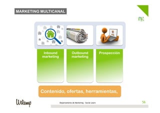 MARKETING MULTICANAL




           Inbound                 Outbound                      Prospección
          marketing                marketing




         Contenido, ofertas, herramientas,

                      Departamento de Marketing - Social Learn                 56
 