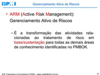 Gerenciamento Ativo de Riscos ARM  ( A ctive  R isk  M anagement): Gerenciamento Ativo de Riscos É a transformação das atividades rela-cionadas ao tratamento de risco em  base/sustentação  para todas as demais áreas de conhecimento identificadas no PMBOK. 