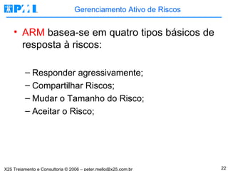 Gerenciamento Ativo de Riscos ARM  basea-se em quatro tipos básicos de resposta à riscos: Responder agressivamente; Compartilhar Riscos; Mudar o Tamanho do Risco; Aceitar o Risco; 