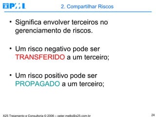 2. Compartilhar Riscos Significa envolver terceiros no gerenciamento de riscos. Um risco negativo pode ser  TRANSFERIDO  a um terceiro; Um risco positivo pode ser PROPAGADO  a um terceiro; 