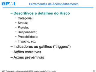 Ferramentas de Acompanhamento Descritivos e detalhes do Risco Categoria; Status; Projeto; Responsável; Probabilidade; Impacto, etc. Indicadores ou gatilhos (“triggers”) Ações corretivas Ações preventivas 