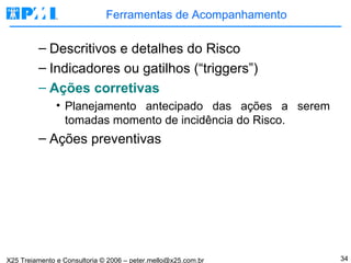 Ferramentas de Acompanhamento Descritivos e detalhes do Risco Indicadores ou gatilhos (“triggers”) Ações corretivas Planejamento antecipado das ações a serem tomadas momento de incidência do Risco. Ações preventivas 