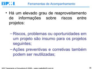 Ferramentas de Acompanhamento Há um elevado grau de reaproveitamento de informações sobre riscos entre projetos: Riscos, problemas ou oportunidades em um projeto são insumo para os projetos seguintes; Ações preventivas e corretivas também podem ser reutilizadas; 