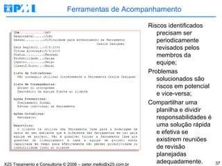 Ferramentas de Acompanhamento Riscos identificados precisam ser periodicamente revisados pelos membros da equipe; Problemas solucionados são riscos em potencial e vice-versa; Compartilhar uma planilha e dividir responsabilidades é uma solução rápida e efetiva se existirem reuniões de revisão planejadas adequadamente. 