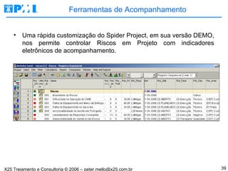 Ferramentas de Acompanhamento Uma rápida customização do Spider Project, em sua versão DEMO, nos permite controlar Riscos em Projeto com indicadores eletrônicos de acompanhamento.  