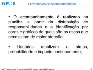 Ferramentas de Acompanhamento O acompanhamento é realizado na planilha a partir da distribuição de responsabilidades e a identificação por cores e gráficos de quais são os riscos que necessitam de maior atenção; Usuários atualizam o status, probabilidade e impacto continuamente; 