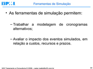 Ferramentas de Simulação As ferramentas de simulação permitem: Trabalhar a modelagem de cronogramas alternativos; Avaliar o impacto dos eventos simulados, em relação a custos, recursos e prazos. 