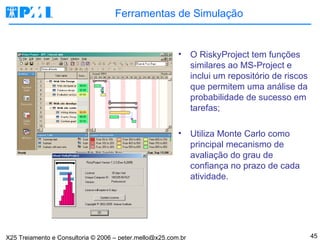 Ferramentas de Simulação O RiskyProject tem funções similares ao MS-Project e inclui um repositório de riscos que permitem uma análise da probabilidade de sucesso em tarefas; Utiliza Monte Carlo como principal mecanismo de avaliação do grau de confiança no prazo de cada atividade.  