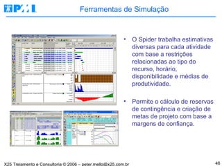 Ferramentas de Simulação O Spider trabalha estimativas diversas para cada atividade com base a restrições relacionadas ao tipo do recurso, horário, disponibilidade e médias de produtividade. Permite o cálculo de reservas de contingência e criação de metas de projeto com base a margens de confiança.  