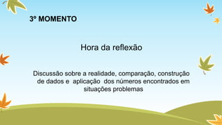 3º MOMENTO 
Hora da reflexão 
Discussão sobre a realidade, comparação, construção 
de dados e aplicação dos números encontrados em 
situações problemas 
 