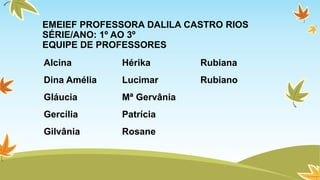 EMEIEF PROFESSORA DALILA CASTRO RIOS 
SÉRIE/ANO: 1º AO 3º 
EQUIPE DE PROFESSORES 
Alcina 
Dina Amélia 
Gláucia 
Gercília 
Gilvânia 
Hérika 
Lucimar 
Mª Gervânia 
Patrícia 
Rosane 
Rubiana 
Rubiano 
 