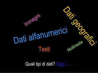 Quali tipi di dati?  Oggi…… Dati alfanumerici Dati geografici Multimedia Testi Immagini 