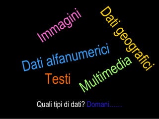 Quali tipi di dati?  Domani…… Dati alfanumerici Dati geografici Multimedia Testi Immagini 