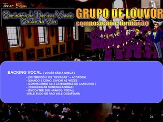 28 
BACKING VOCAL ( VOCÊS SÃO A GREJA ) 
- (OS TÍMIDOS E OS “DEVAGAR” – ACORDEM 
- QUANDO E COMO DIVIDIR AS VOZES 
- (CONHECENDO AS 3 CATEGORIAS DE CANTORES ) 
- (ESQUECA AS NOMENCLATURAS) 
- (ENCONTRE SEU –RANGE- VOCAL) 
-(VALE TUDO SO NAO VALE DESAFINAR) 
 