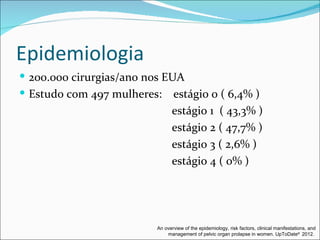 Epidemiologia
 200.000 cirurgias/ano nos EUA
 Estudo com 497 mulheres: estágio 0 ( 6,4% )
                               estágio 1 ( 43,3% )
                               estágio 2 ( 47,7% )
                               estágio 3 ( 2,6% )
                               estágio 4 ( 0% )




                         An overview of the epidemiology, risk factors, clinical manifestations, and
                             management of pelvic organ prolapse in women. UpToDate® 2012.
 