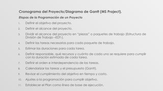 Cronograma del Proyecto/Diagrama de Gantt (MS Project).
Etapas de la Programación de un Proyecto
1. Definir el objetivo del proyecto.
2. Definir el alcance del proyecto.
3. Dividir el alcance del proyecto en “piezas” o paquetes de trabajo (Estructura de
División de Trabajo –EDT-).
4. Definir las tareas necesarias para cada paquete de trabajo.
5. Estimar las duraciones para cada tarea.
6. Definir responsable, qué recursos y cuánto de cada uno se requiere para cumplir
con la duración estimada de cada tarea.
7. Definir el orden e interdependencia de las tareas.
8. Calendarizar las tareas y el presupuesto (Gantt).
9. Revisar el cumplimiento del objetivo en tiempo y costo.
10. Ajustes a la programación para cumplir objetivo.
11. Establecer el Plan como línea de base de ejecución.
 