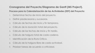 Cronograma del Proyecto/Diagrama de Gantt (MS Project).
Proceso para la Calendarización de las Actividades (EDT) del Proyecto:
1. Determinar fecha de inicio del proyecto.
2. Definir predecesoras y sucesoras.
3. Cálculo de fechas de inicio y fin temprano.
4. Cálculo de la duración total del proyecto.
5. Cálculo de las fechas de inicio y fin tardío.
6. Cálculo de holgura total de cada cadena.
7. Identificación de la Ruta Crítica.
8. Cálculo de la holgura libre de cada actividad.
9. Priorizar tareas de acuerdo a criticidad.
 