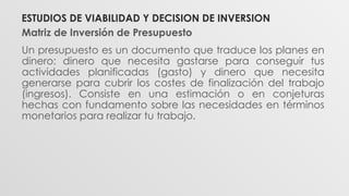 Matriz de Inversión de Presupuesto
Un presupuesto es un documento que traduce los planes en
dinero: dinero que necesita gastarse para conseguir tus
actividades planificadas (gasto) y dinero que necesita
generarse para cubrir los costes de finalización del trabajo
(ingresos). Consiste en una estimación o en conjeturas
hechas con fundamento sobre las necesidades en términos
monetarios para realizar tu trabajo.
ESTUDIOS DE VIABILIDAD Y DECISION DE INVERSION
 