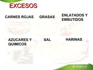 EXCESOS
CARNES ROJAS

GRASAS

ENLATADOS Y
EMBUTIDOS

AZUCARES Y
QUIMICOS

SAL

HARINAS

 