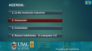 23/10/2019 Industria 4.0 e innovación 11sergio.salimbeni@usal.edu.ar
AGENDA:
1. La 4ta revolución industrial
2. Innovación
3. Creatividad
4. Nuevas habilidades - El trabajador 4.0
 